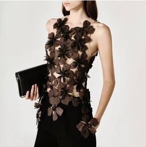 Floral Embellished Sleeveless Top - Cream and Brown